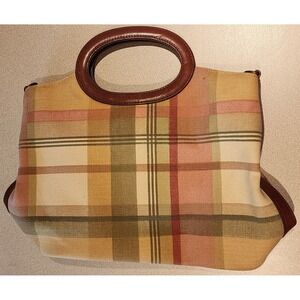 Vintage Fossil 75082 Plaid Fabric Leather Round Handled Purse Handbag‎ Bag